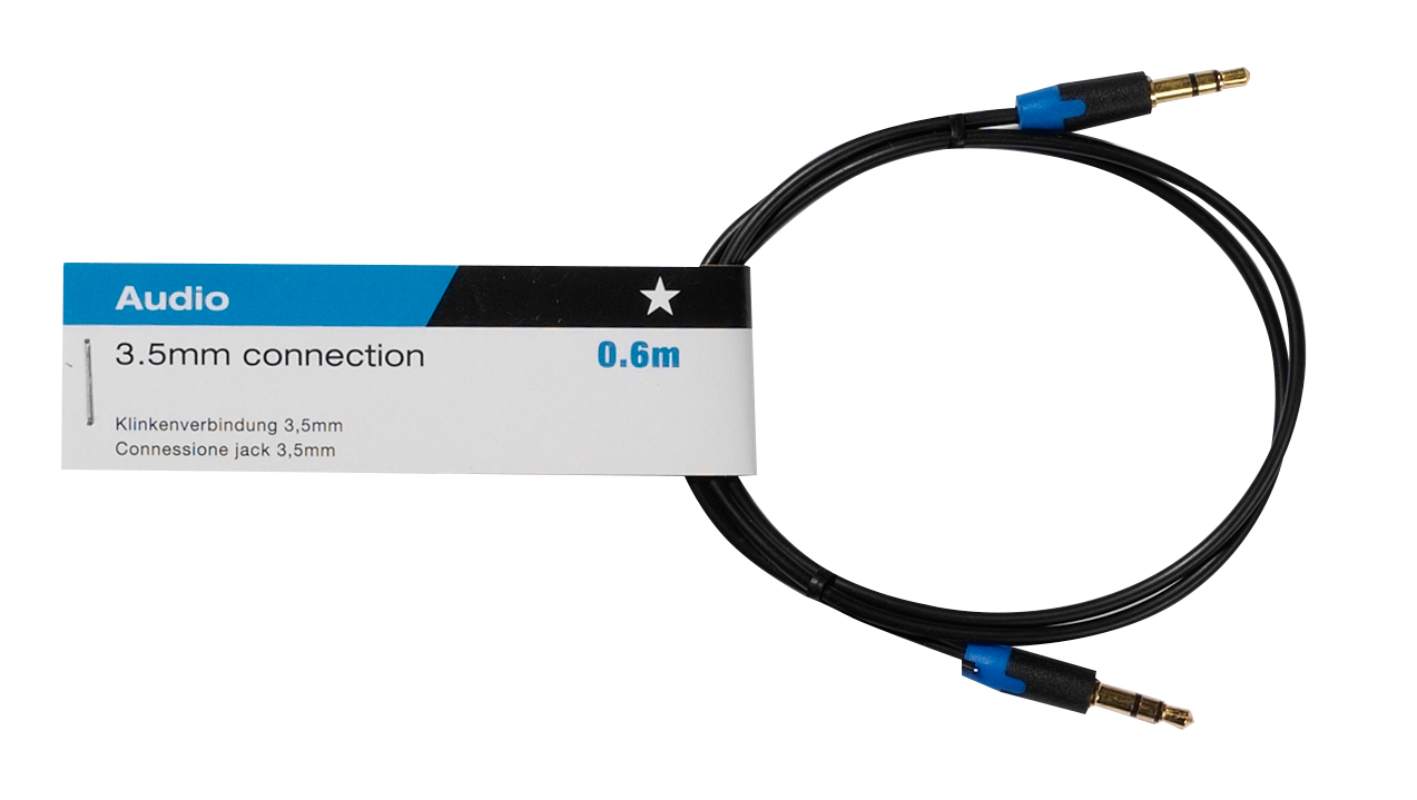 Schwarzes Audiokabel mit zwei 3,5-mm-Buchsen und einem Etikett mit 0,6 m Länge.