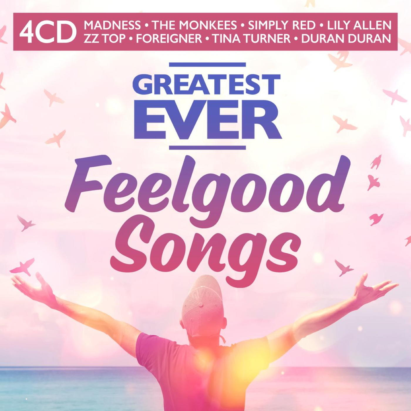 Compilation de CD Feelgood Songs. Couverture colorée avec texte et une personne regardant vers le haut, bras levés.