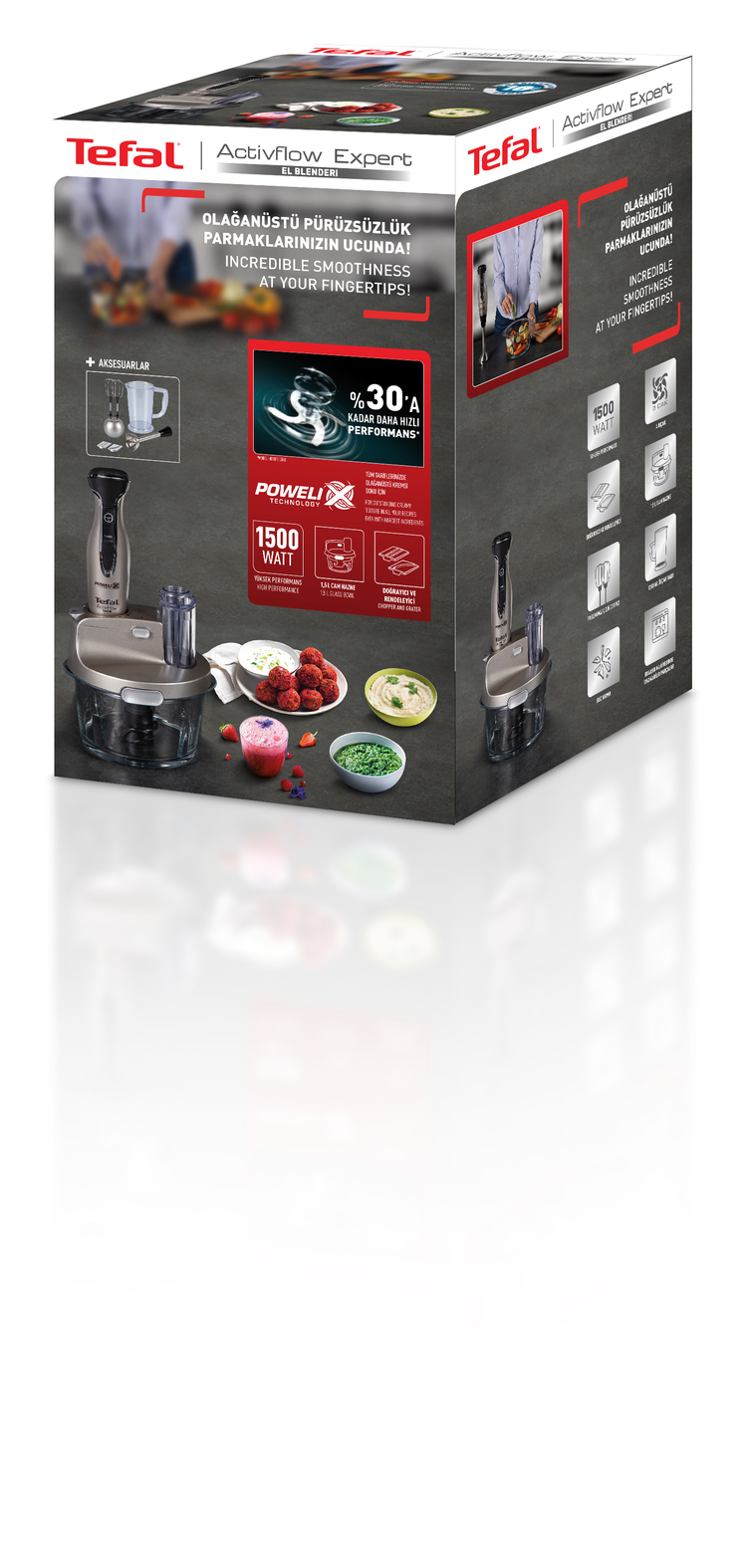 Tefal Activflow Expert blender kutusu. Blenderi ve 1500W güç derecesi dahil özelliklerini gösterir.