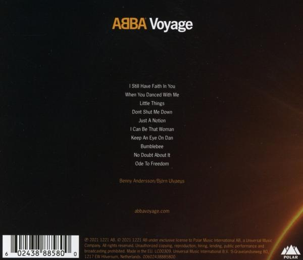 Albumhoes met ABBA Voyage titel en tracklist op een donkere achtergrond.