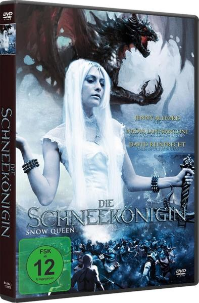 DVD-Cover für 'Schneekönigin', Frau in weißem Kleid mit Schwert, Drache.