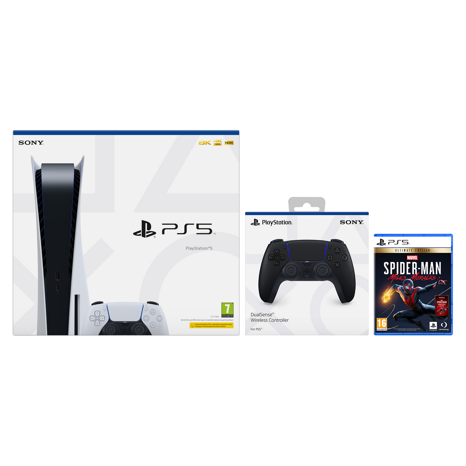 Consola - Sony PS5, 825GB, 4K, HDR, Blanco + Mando DualSense + PS5 Marvel's Spider-Man: Miles Morales Ultimate Edition