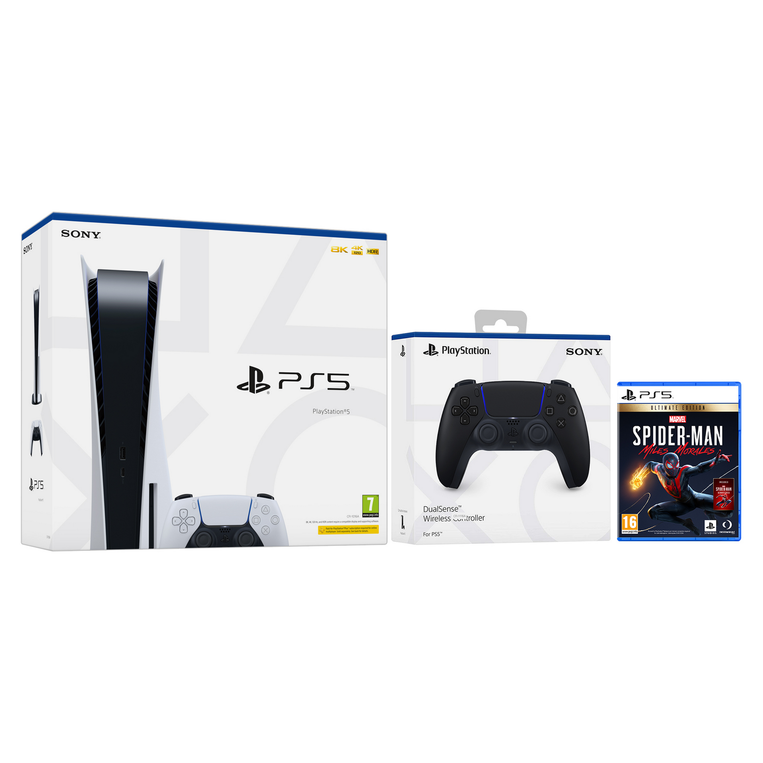 Consola - Sony PS5, 825GB, 4K, HDR, Blanco + Mando DualSense + PS5 Marvel's Spider-Man: Miles Morales Ultimate Edition