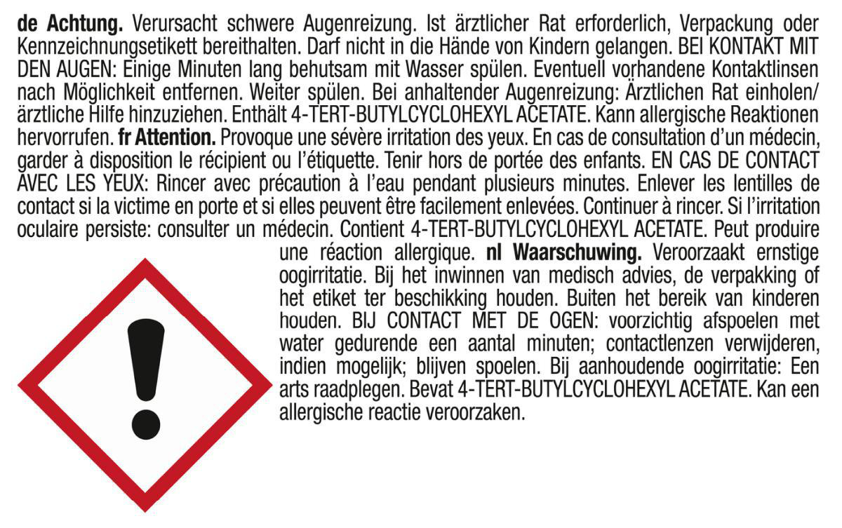 Warnhinweis mit Ausrufezeichen in roter Raute und Text in mehreren Sprachen.