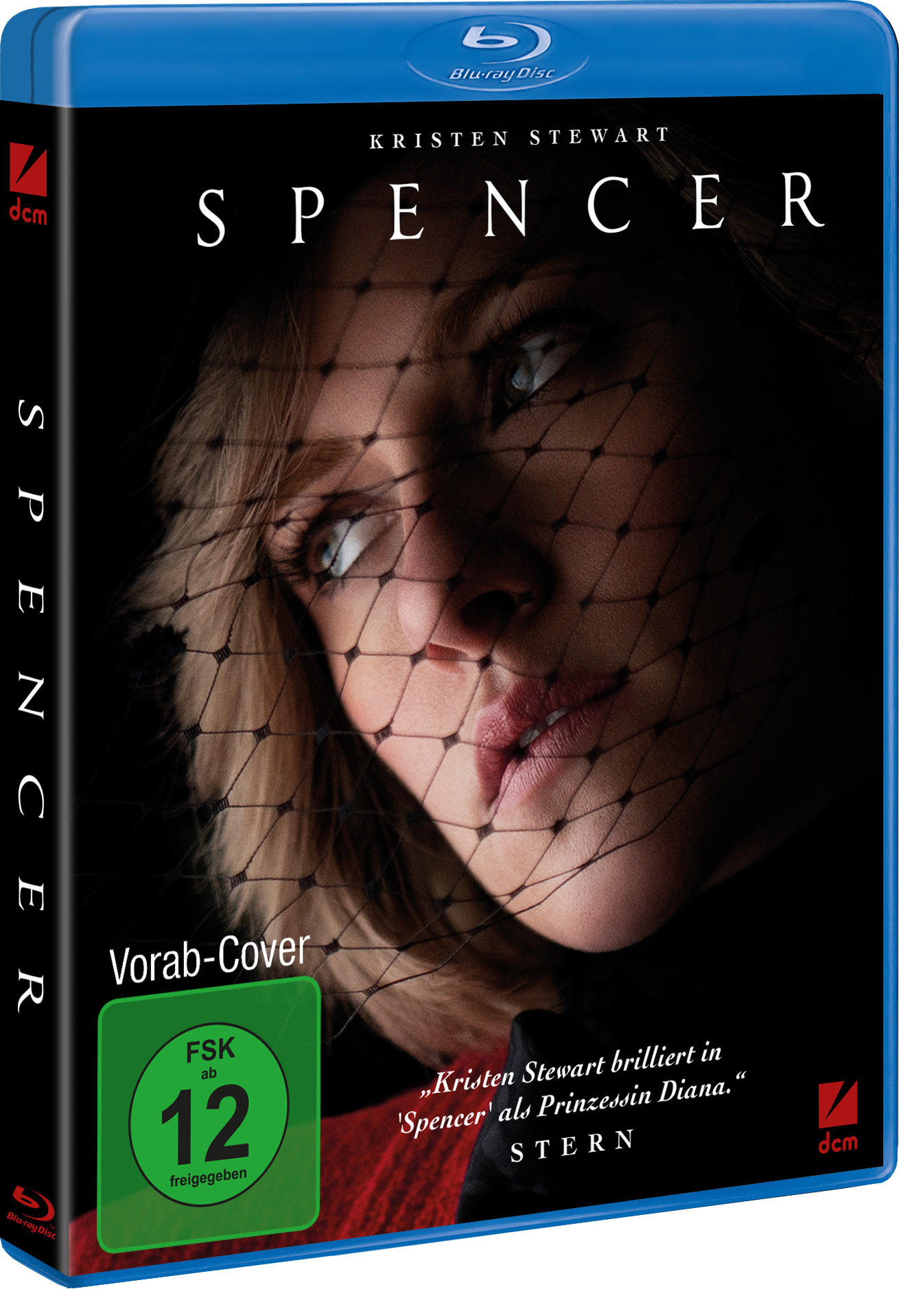 Blu-ray-Hülle für 'Spencer' mit Kristen Stewart mit Schleier und Text.