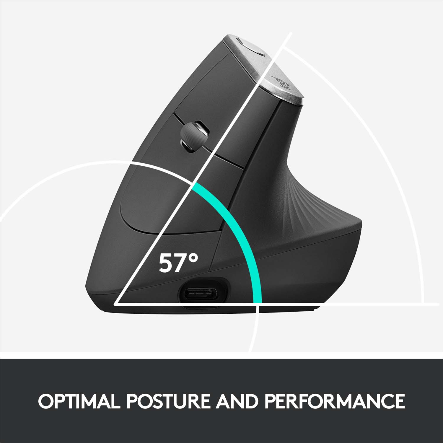 Souris ergonomique noire, avec des lignes blanches montrant un angle de 57 degrés, étiquetée 'Optimal Posture and Performance'.