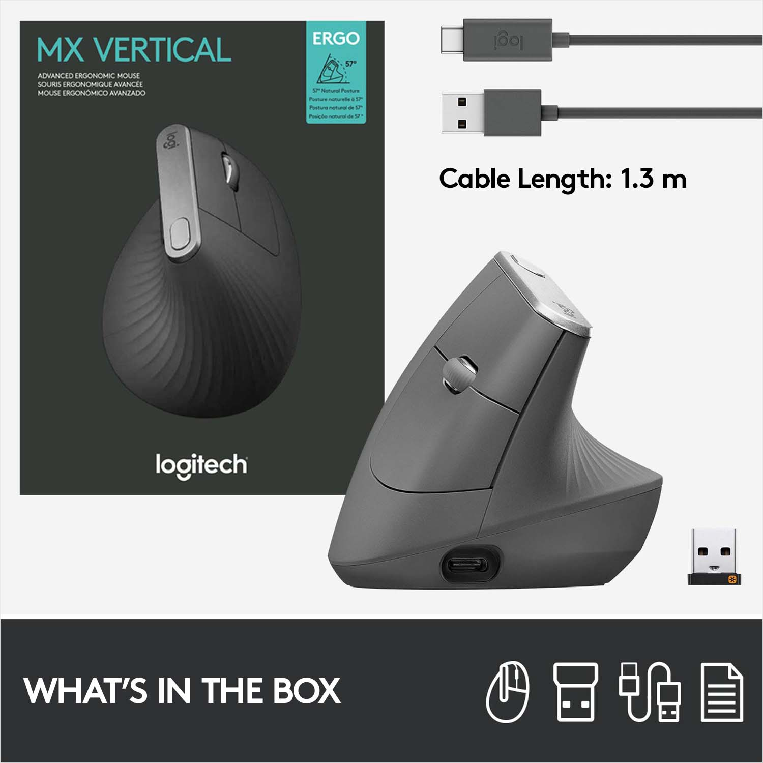 Souris ergonomique et accessoires. La souris est grise et a un design vertical.