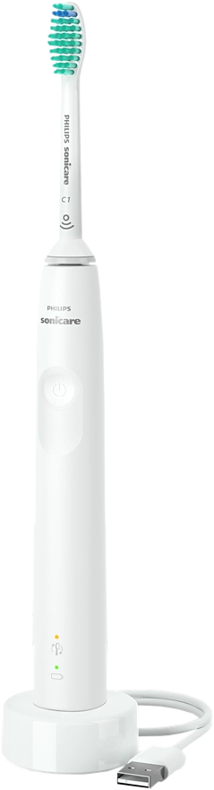 Spazzolino elettrico bianco con base di ricarica. Testina verde e bianca. Cavo USB collegato.