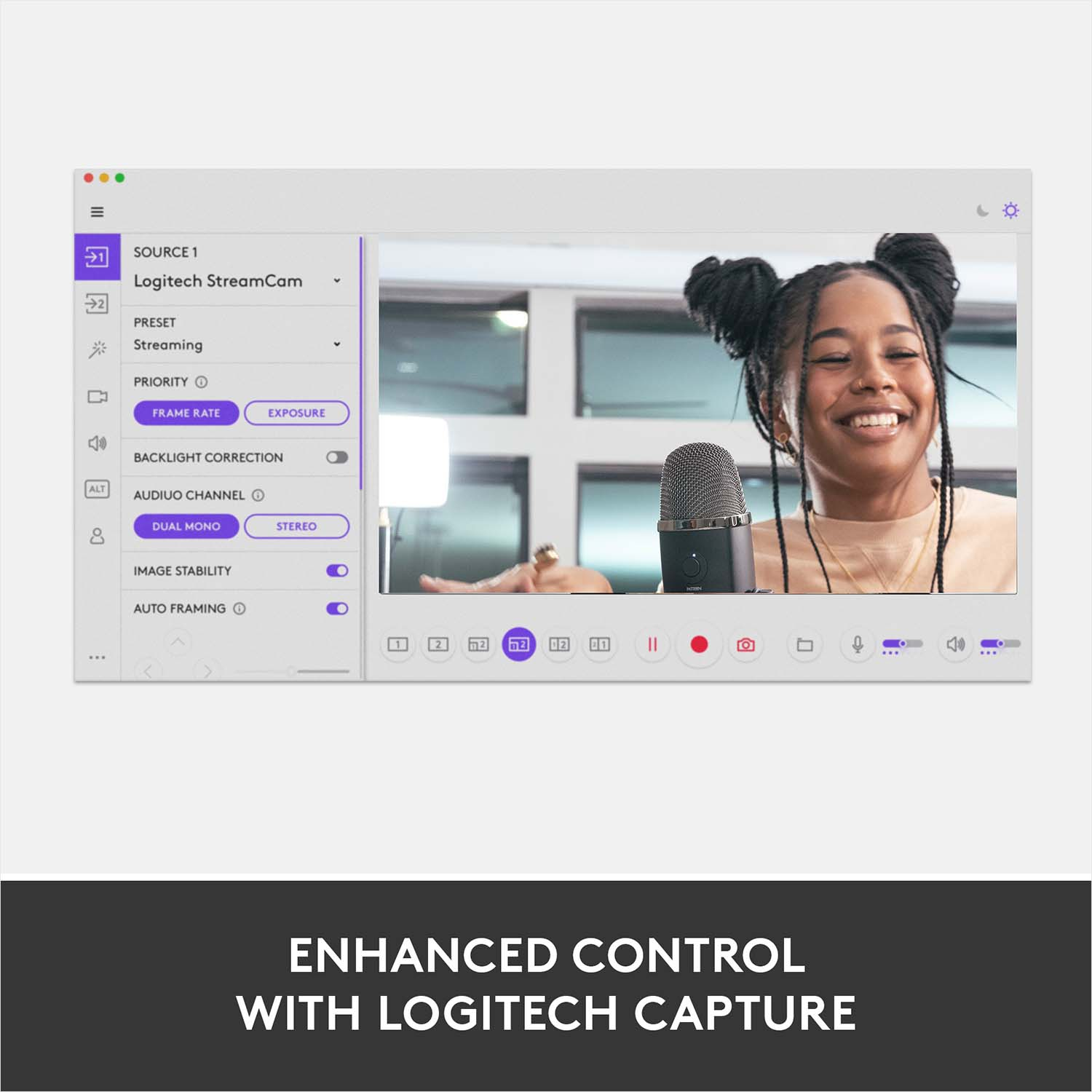 Une femme sourit devant un écran affichant une interface de diffusion vidéo, avec le texte 'Enhanced Control'.