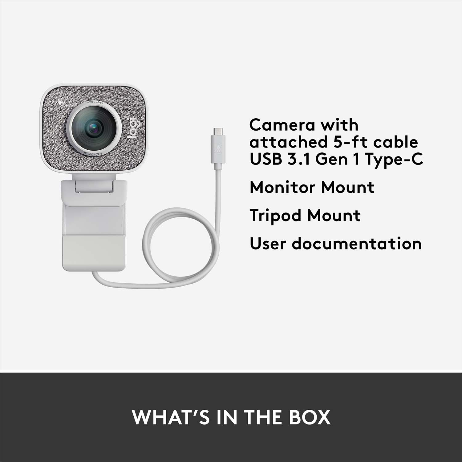 Webcam avec câble attaché, base blanche et texte : Contenu de la boîte.