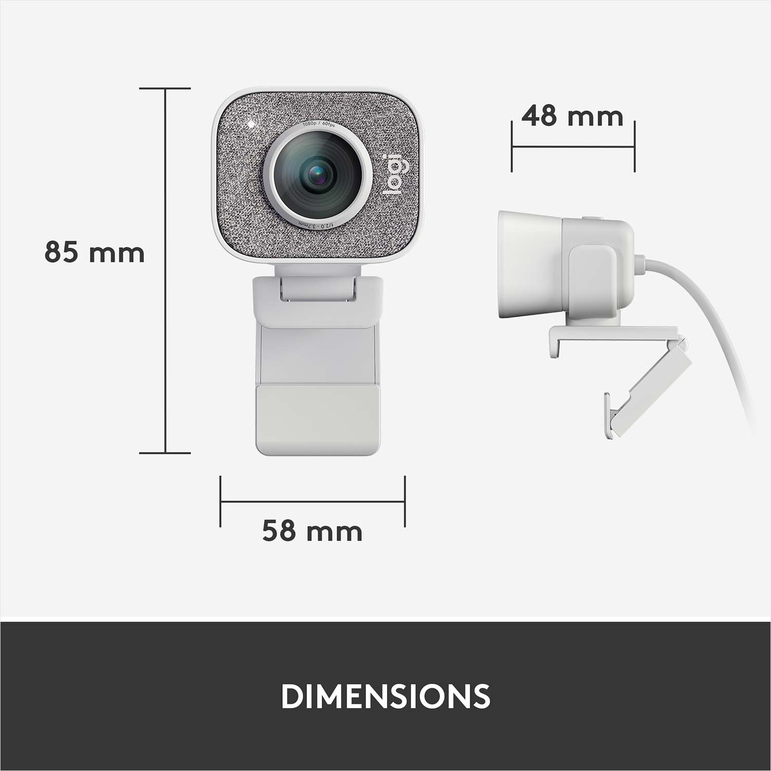 Webcam avec dimensions : 85mm hauteur, 58mm largeur, 48mm profondeur, design blanc et gris.