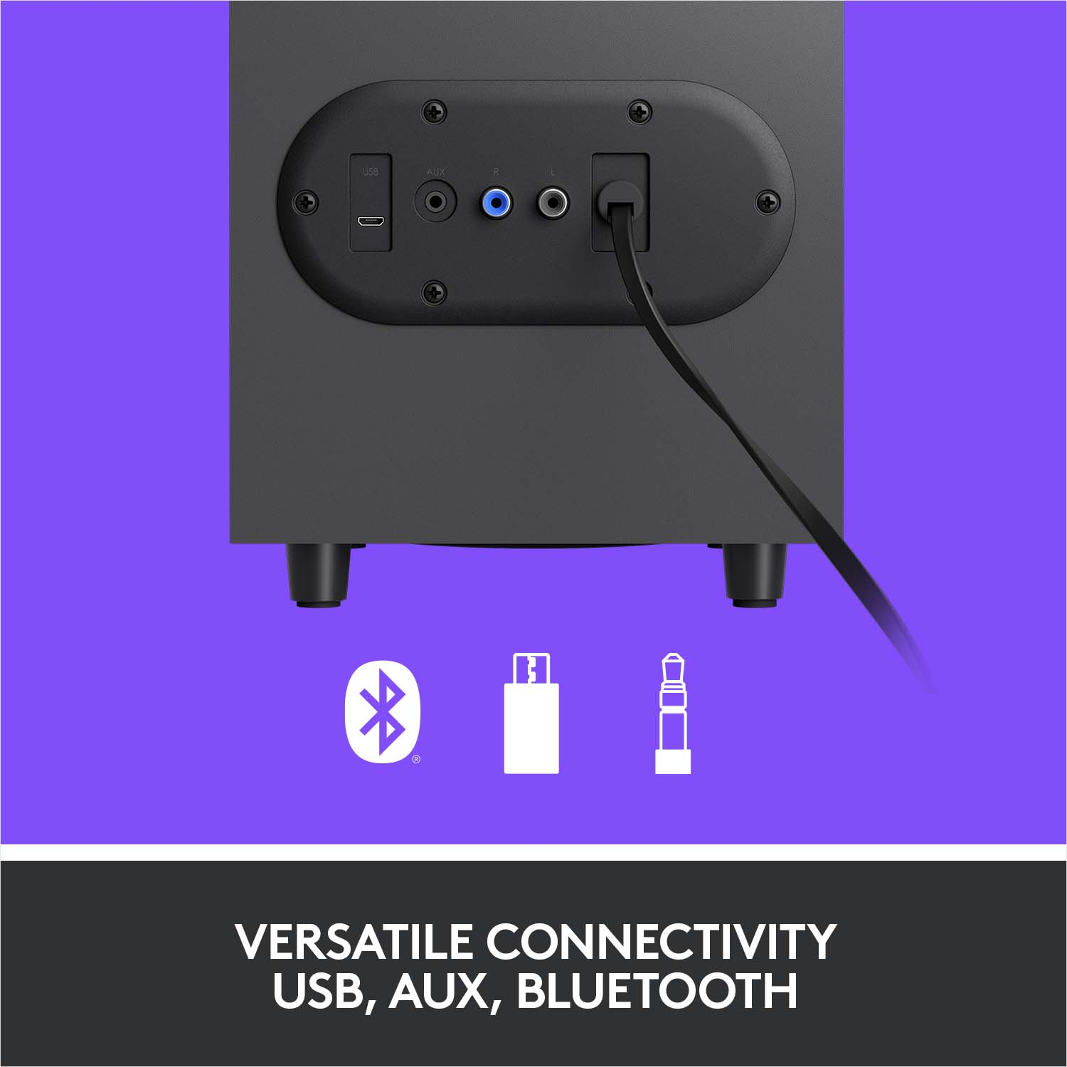 Dos du haut-parleur noir avec ports USB, AUX et câble d'alimentation. Icônes Bluetooth, AUX et USB affichées.