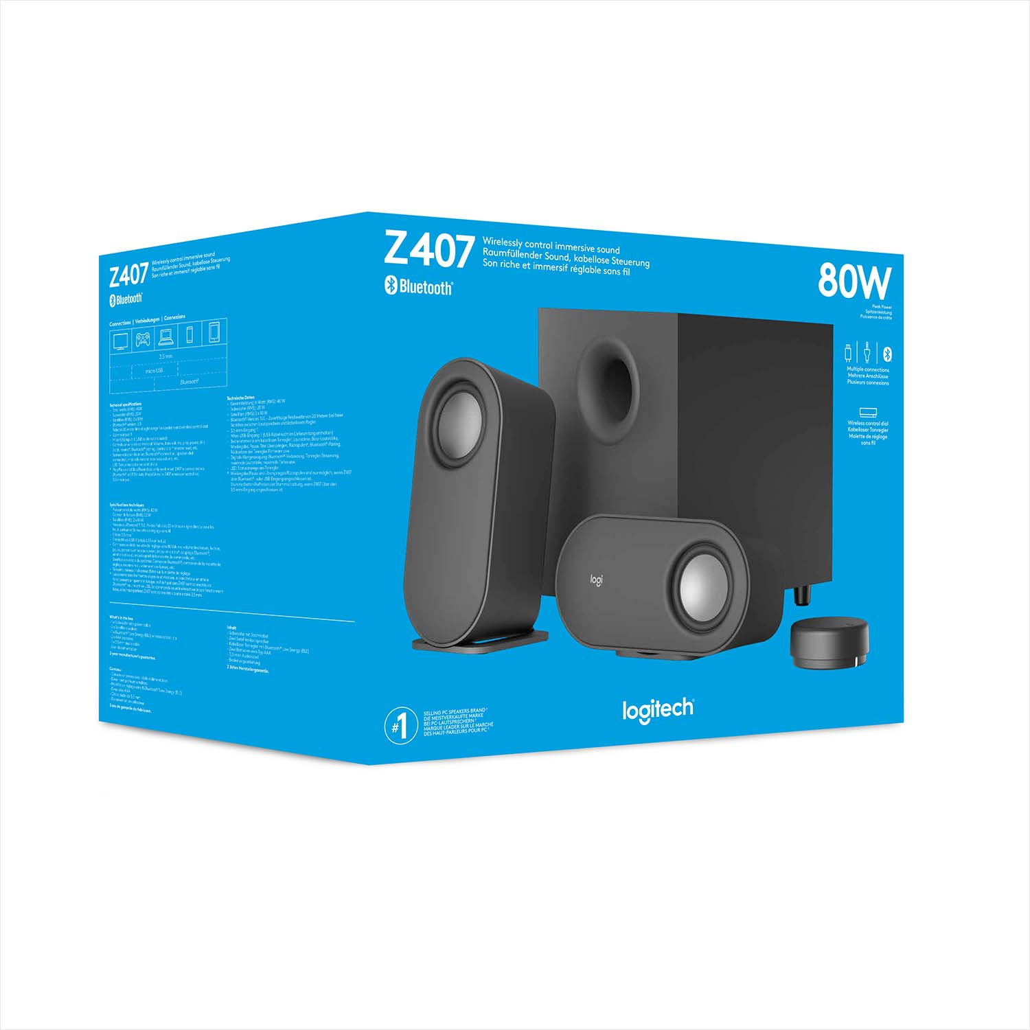 Boîte du système d'enceintes Logitech Z407, avec enceintes, caisson de basses et informations sur le produit.