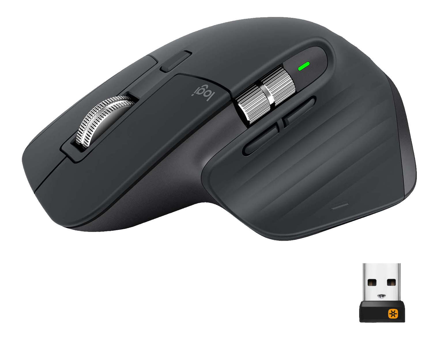 Schwarze Maus mit Scrollrad und USB-Empfänger.