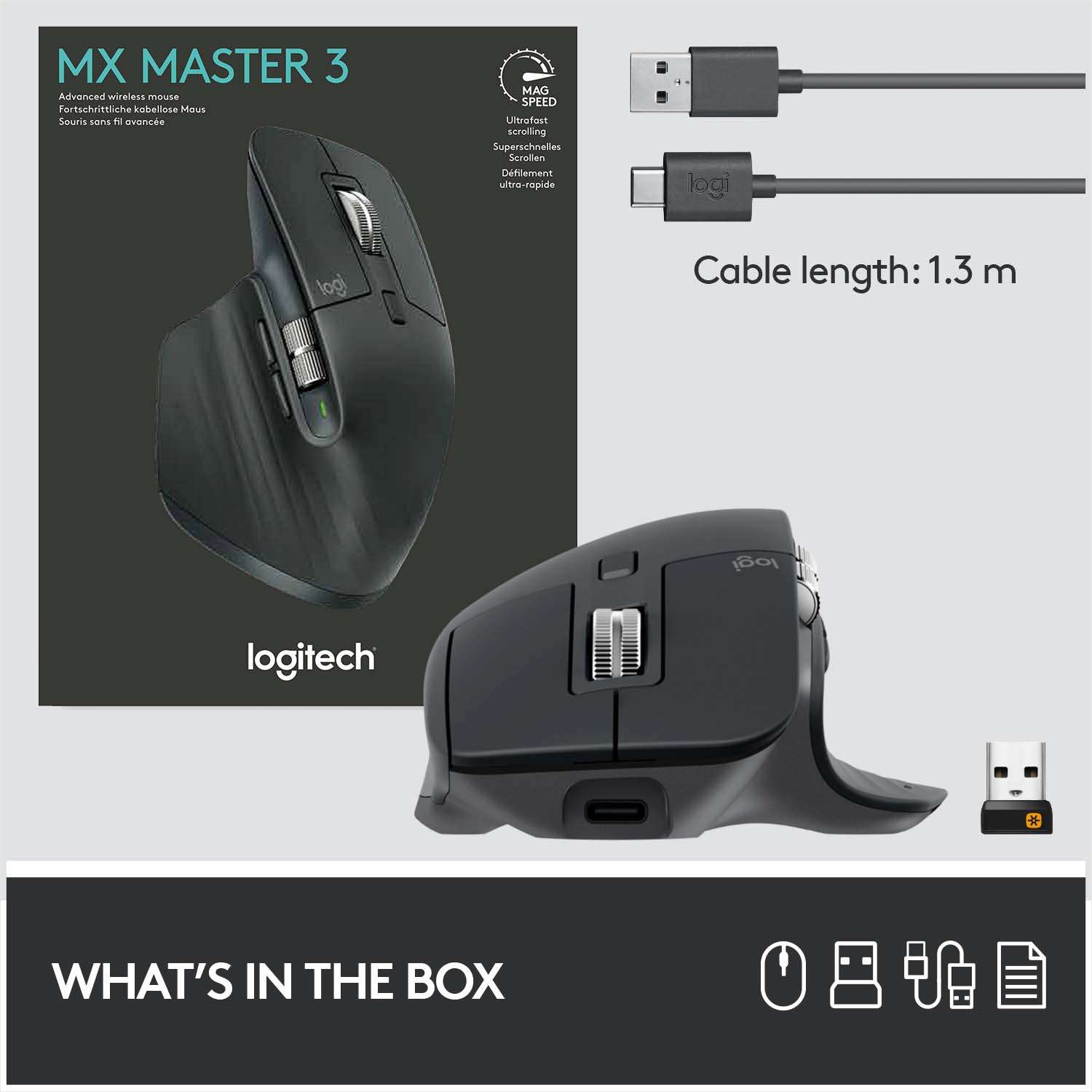 Logitech MX Master 3 Maus mit Box, Kabeln und USB-Empfänger, die 'WAS IN DER BOX' veranschaulichen.