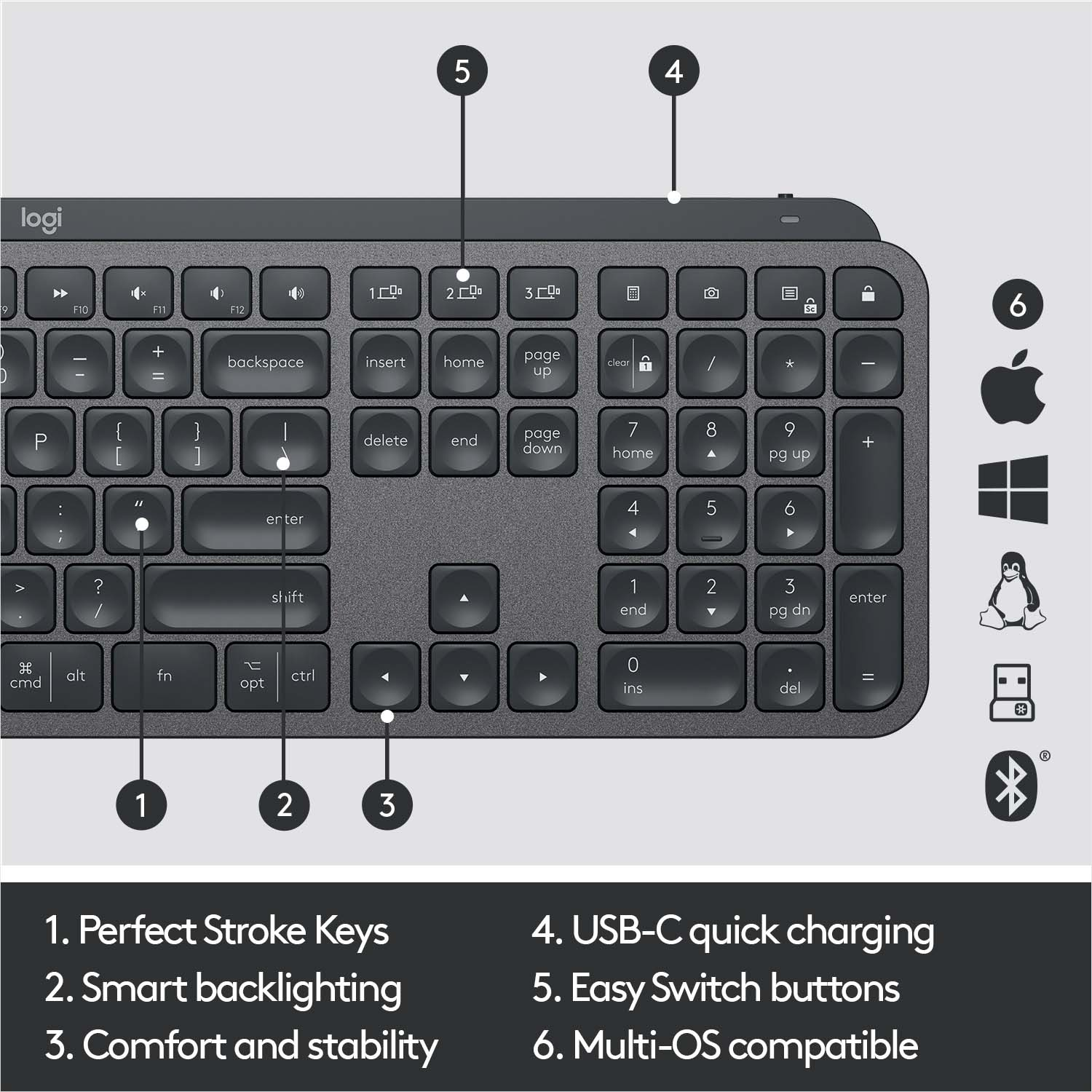 Dunkelgraue Tastatur mit Tastenbeschriftungen: Rücktaste, Eingabetaste, Umschalttaste und andere. Enthält Symbole für Apple, Windows und Linux.