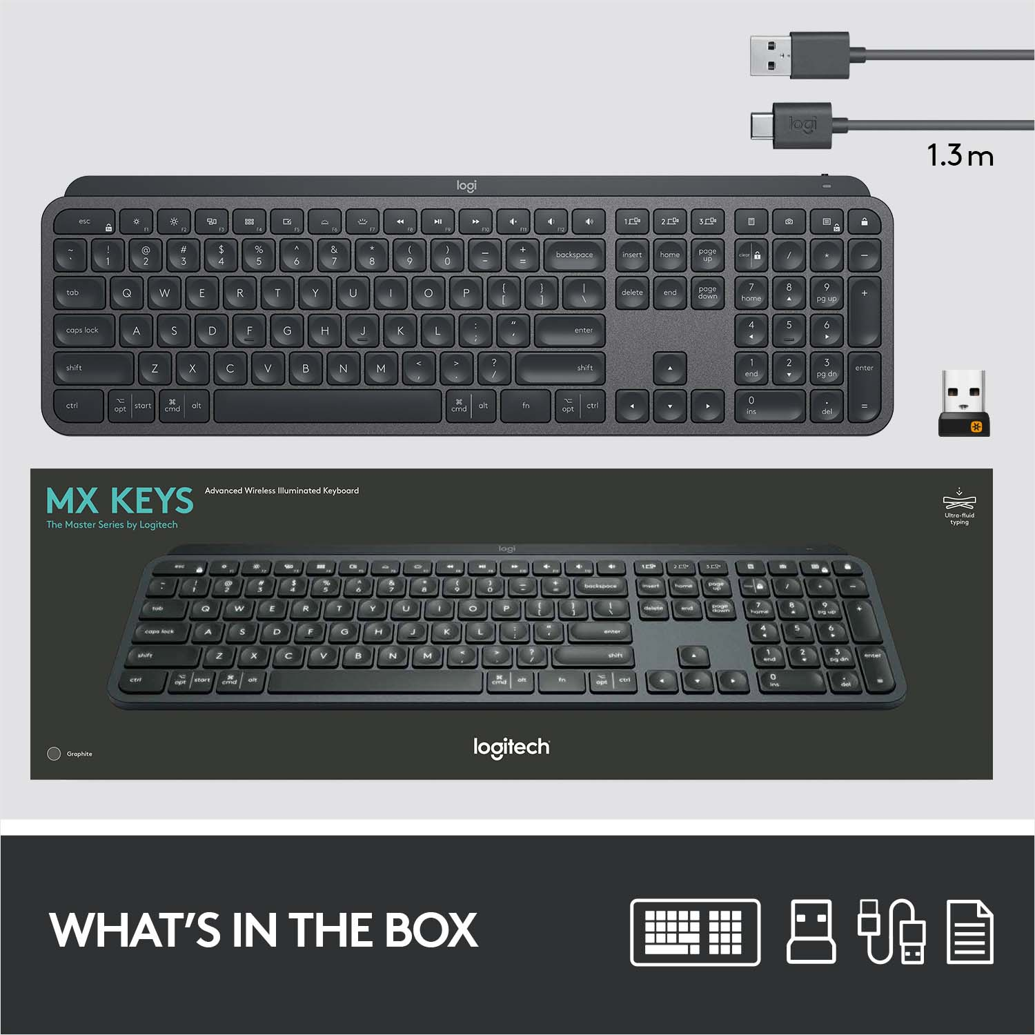 Tastatur mit einer Box, die zeigt, was drin ist. Die Tastatur ist schwarz. Weißer Hintergrund, Text: Inhalt.