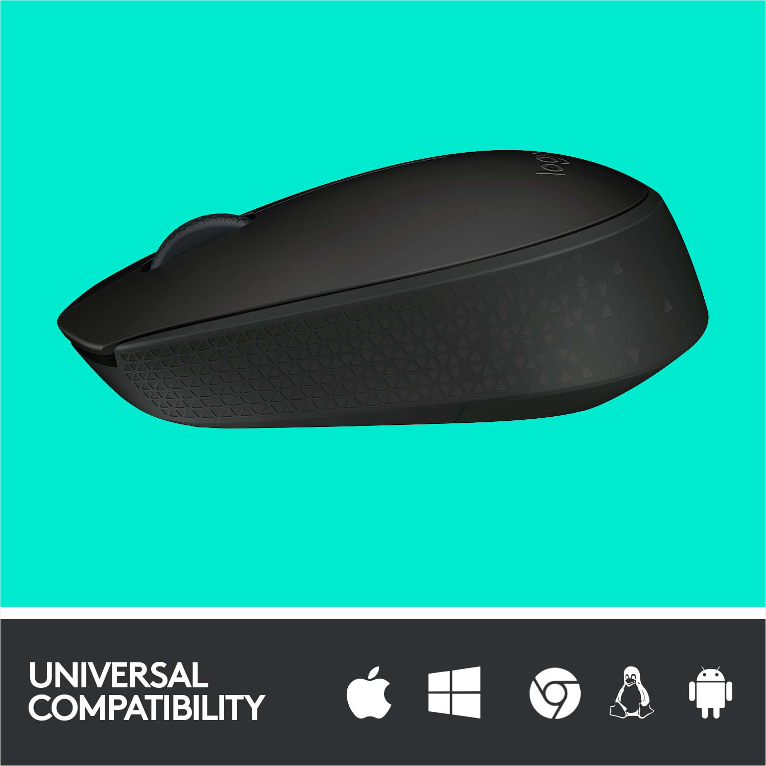 Souris sans fil noire avec texte : logi, sur fond bleu-vert. Icônes de compatibilité universelle.