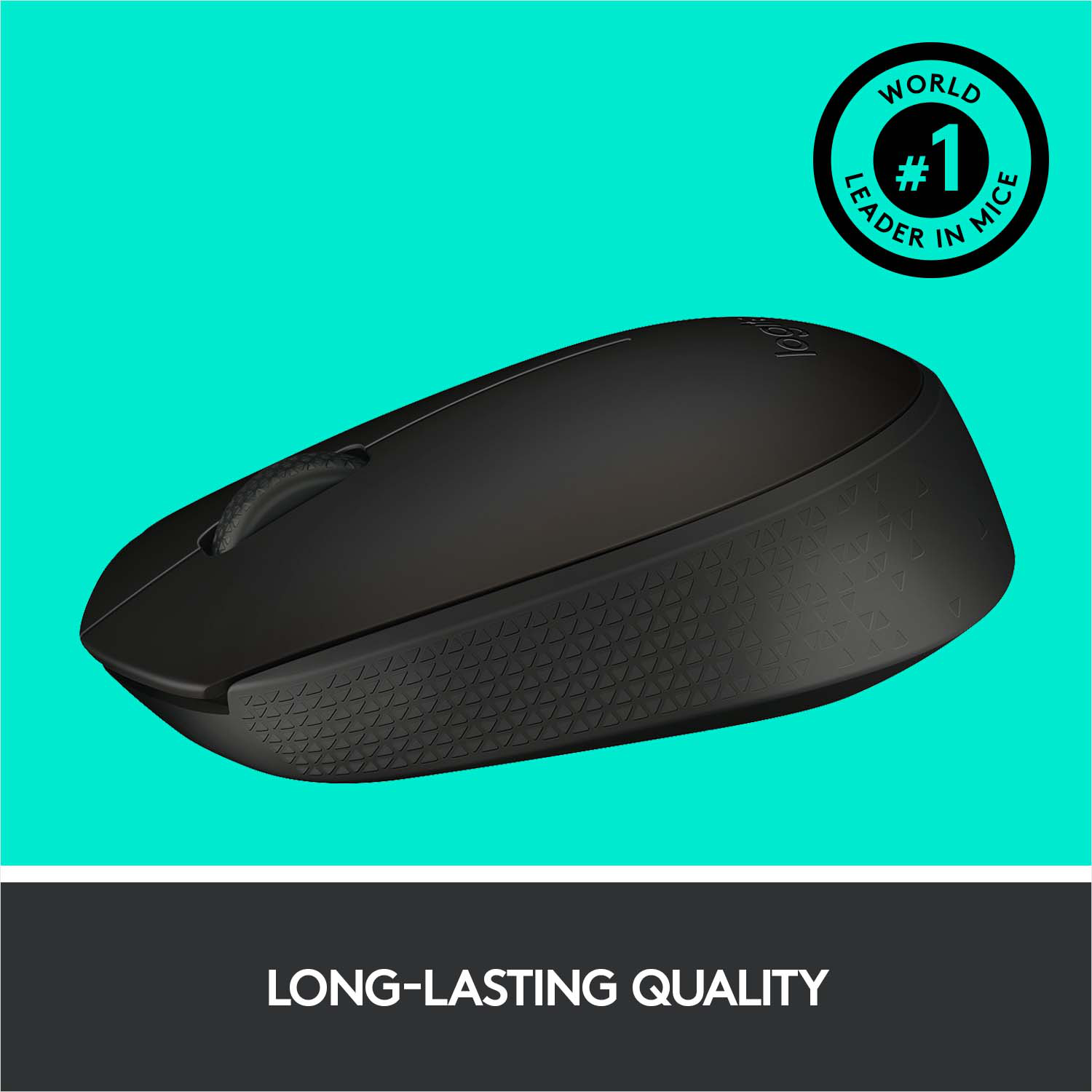 Souris d'ordinateur noire sur fond turquoise, avec un côté texturé et une molette de défilement.