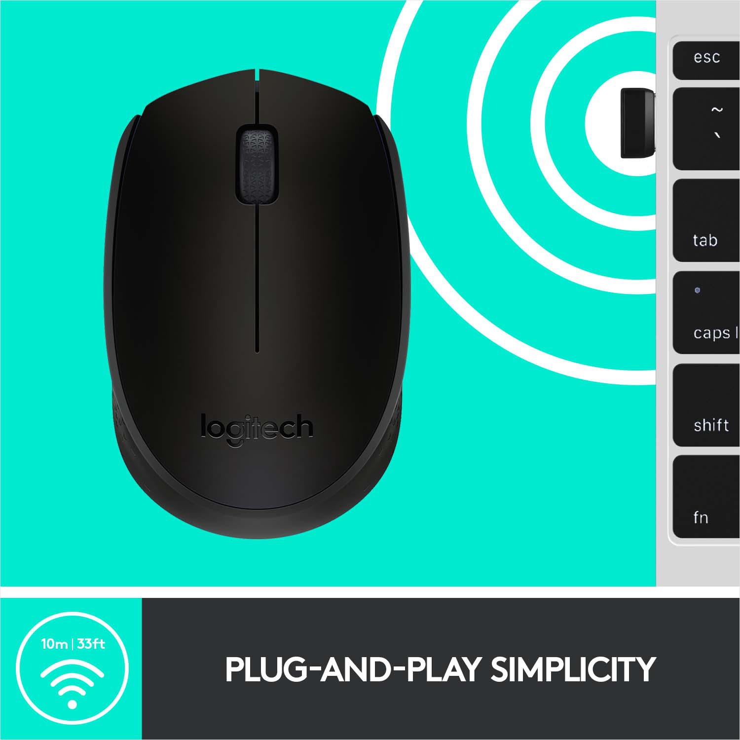 Souris Logitech noire sur fond turquoise. La simplicité Plug-and-Play est annoncée.