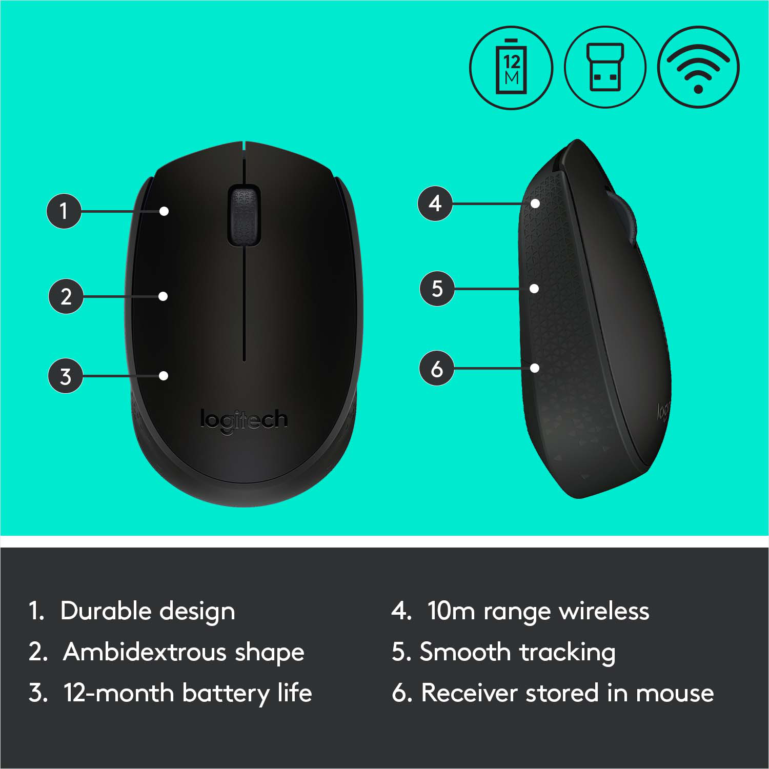Une souris d'ordinateur noire avec des étiquettes et des icônes, y compris batterie et sans fil.