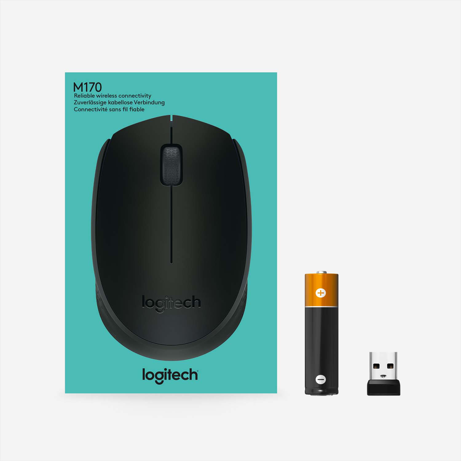 Souris Logitech M170, batterie et récepteur USB sur fond blanc.