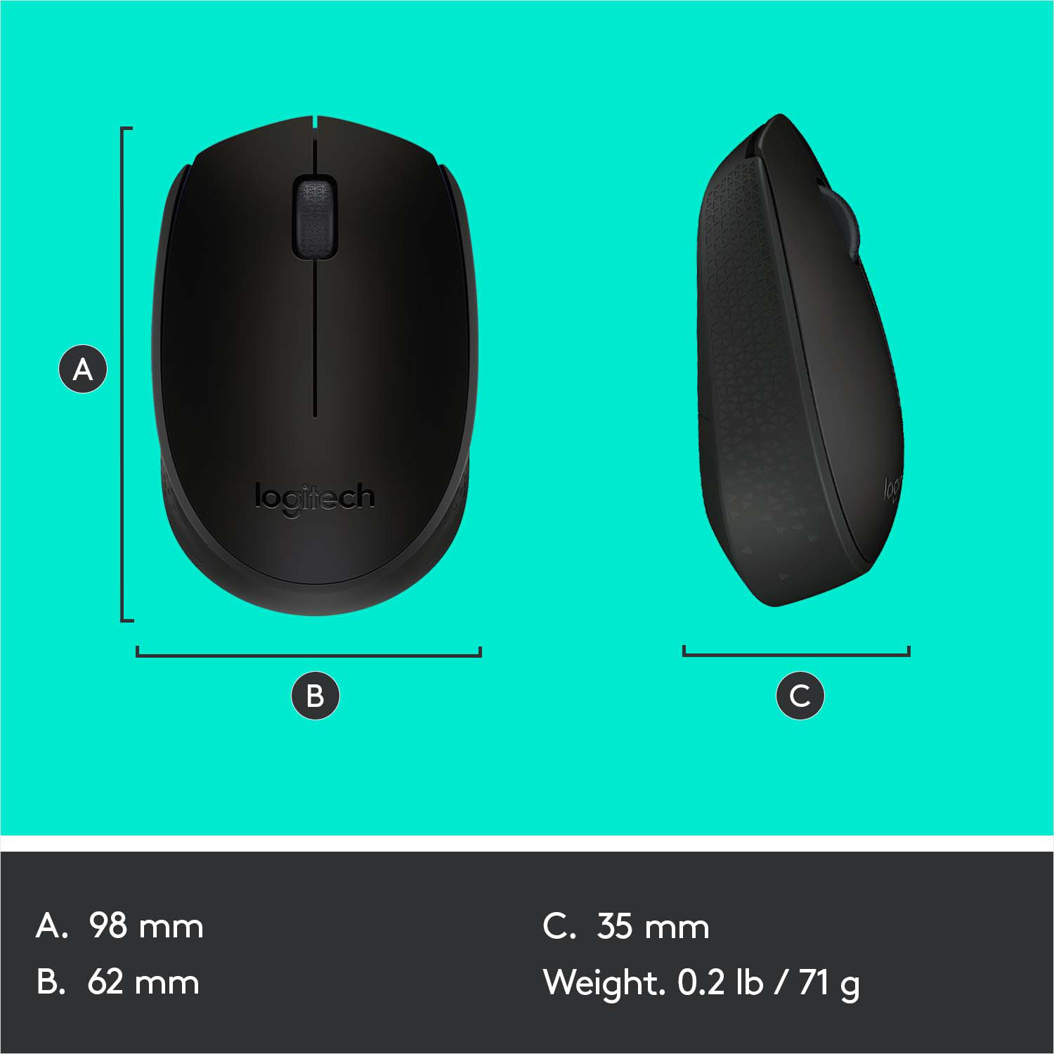 Une souris noire avec des dimensions et des informations de poids sur fond vert.