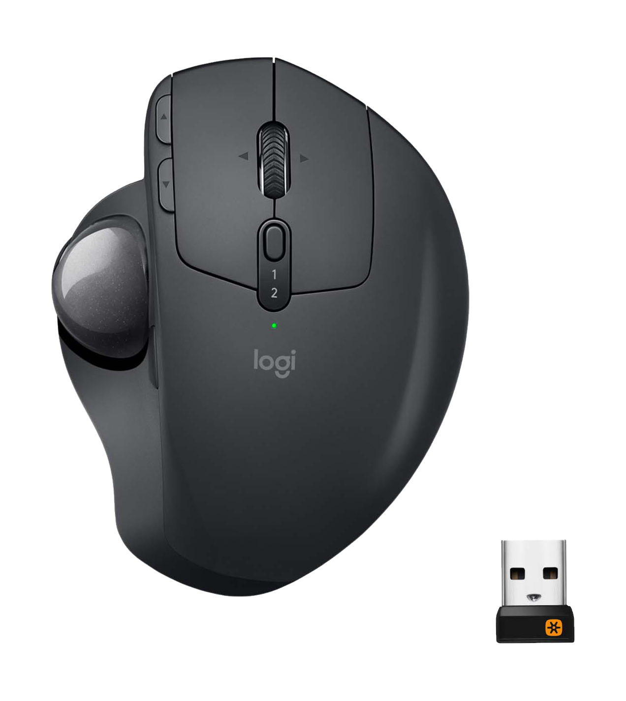 Une souris trackball Logitech gris foncé avec boule à gauche. Un récepteur USB à droite.