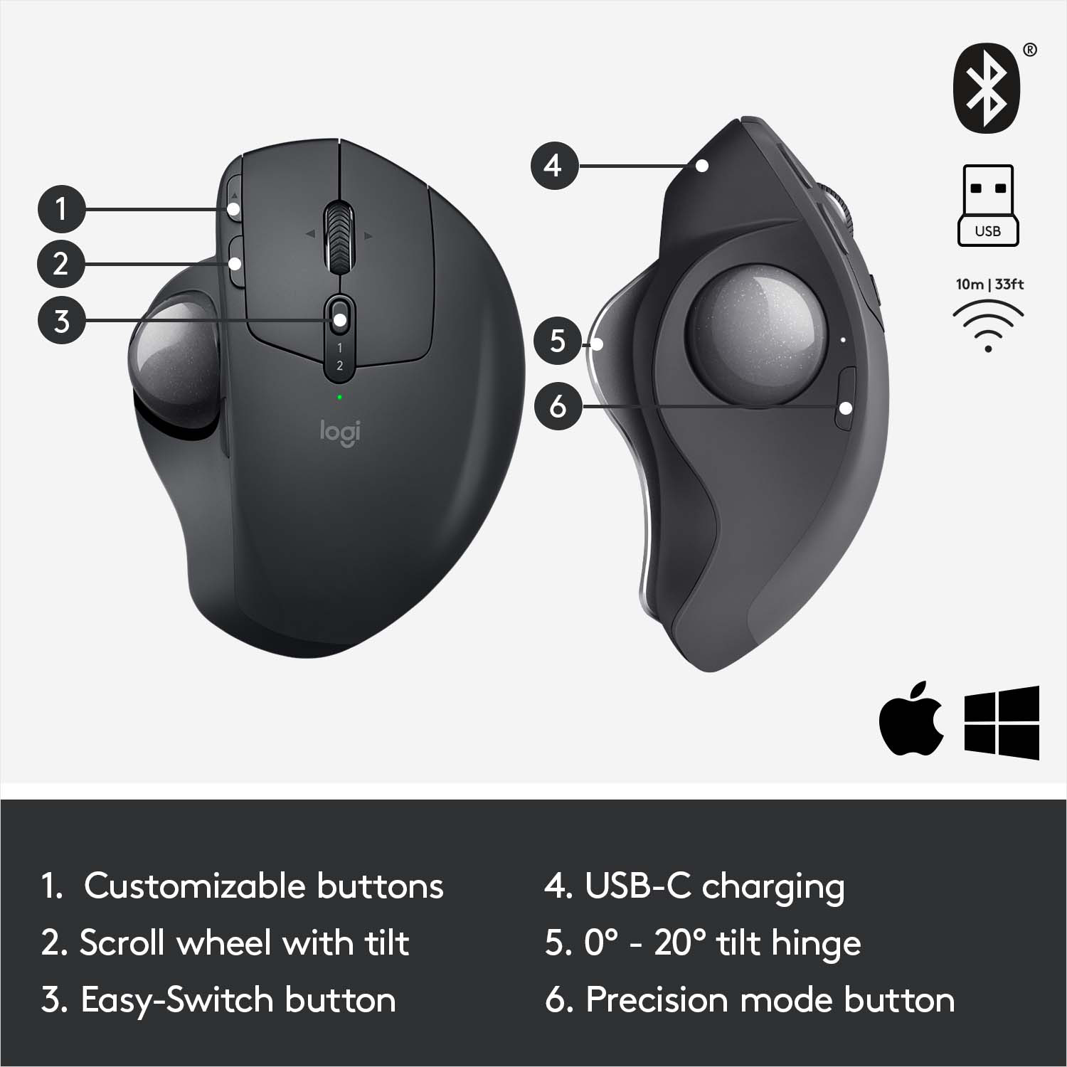 Une souris ergonomique noire avec trackball, boutons et port de charge USB-C.