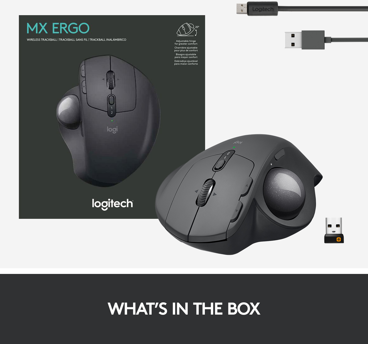 Une souris trackball Logitech MX Ergo et ses accessoires. La souris est gris foncé.
