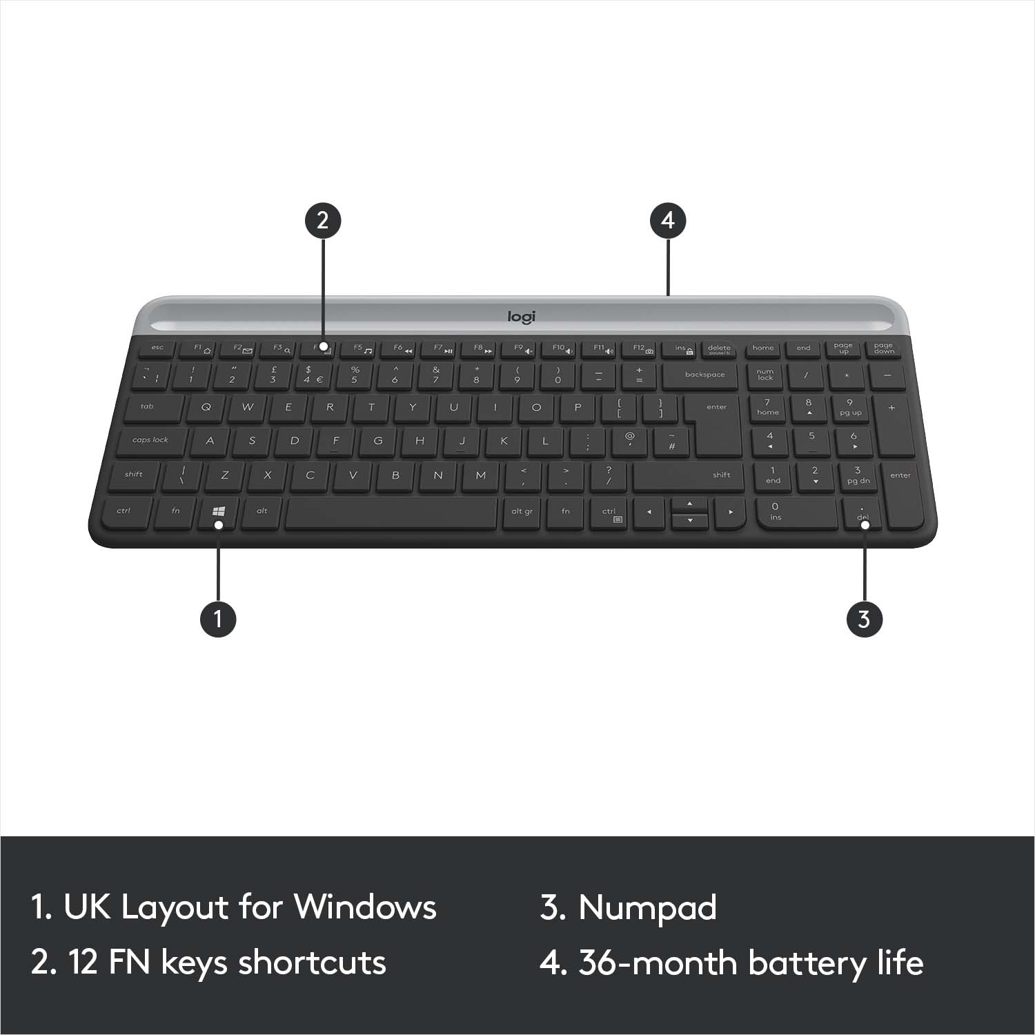 Clavier avec touches étiquetées, dont la disposition UK, les touches FN et un pavé numérique. Design noir et gris.