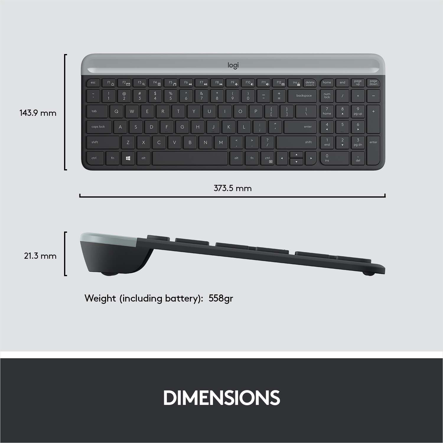 Vue de dessus d'un clavier montrant les dimensions. Les mesures incluent la longueur, la largeur, la hauteur et le poids du clavier.