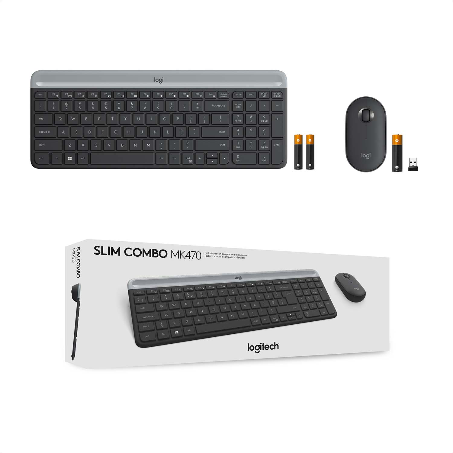 Un clavier, une souris et des piles dans la boîte. L'emballage indique 'SLIM COMBO MK470' et 'logitech'.