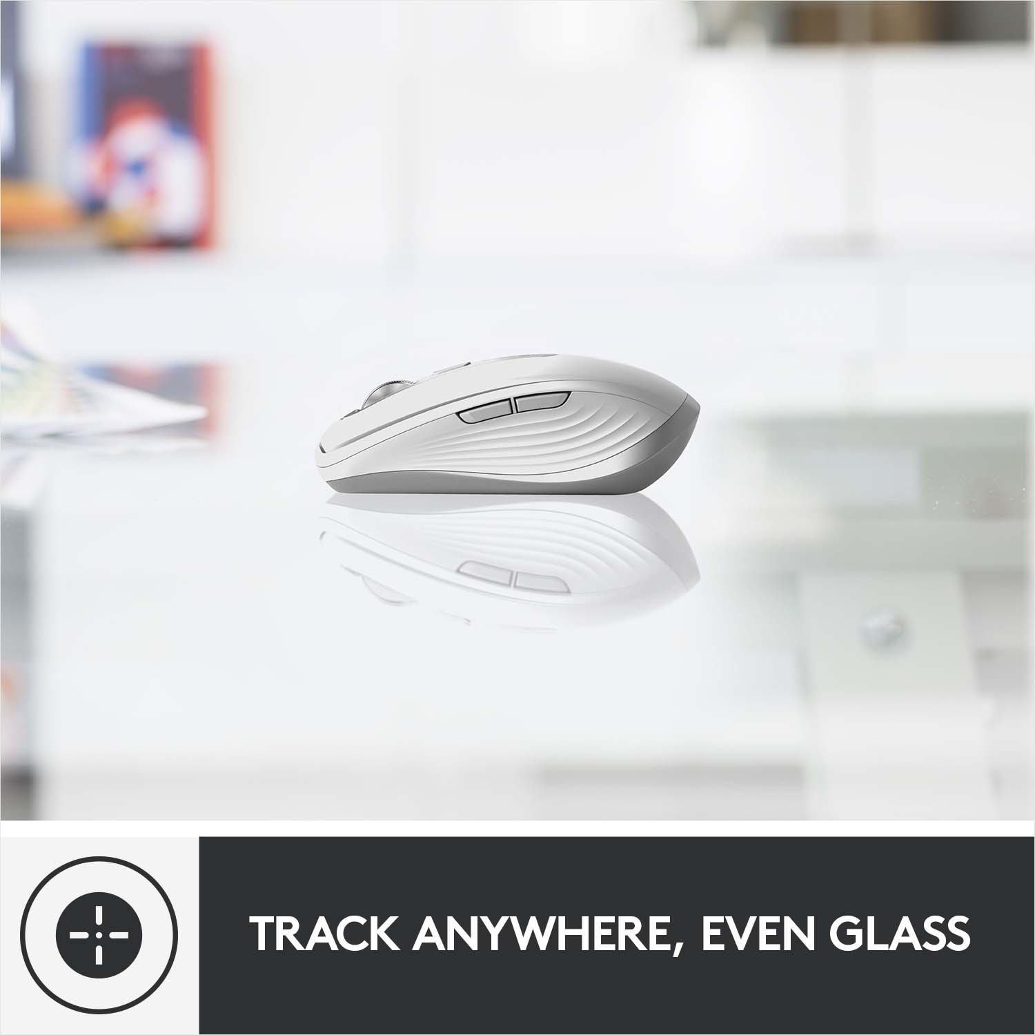 Souris blanche sur une surface vitrée. Il a une rayure grise.