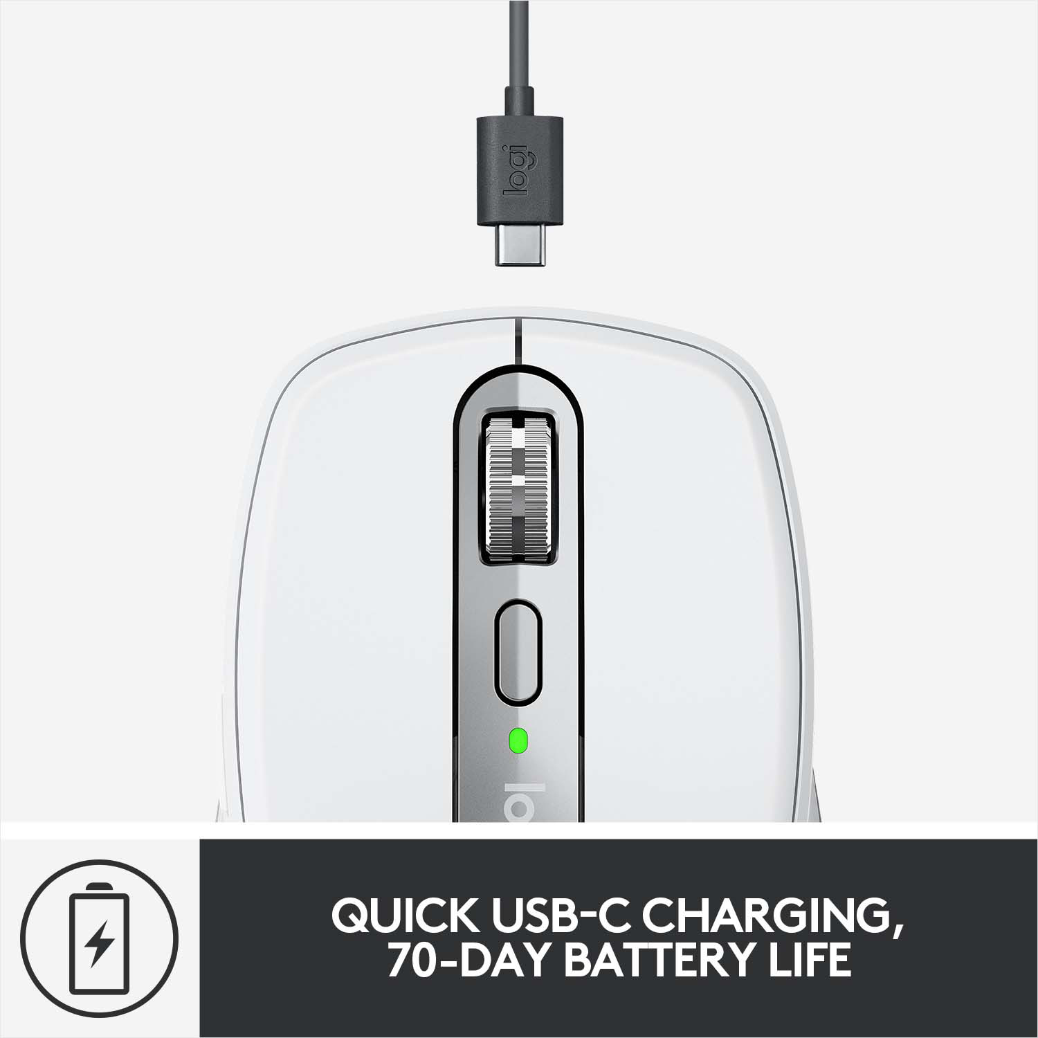 Une souris blanche avec un câble de chargement. Texte: "Quick USB-C Charging, 70-Day Battery Life".