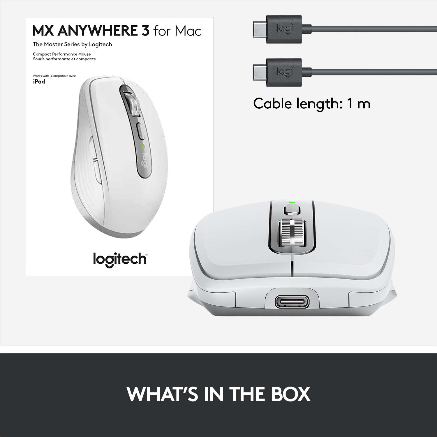 Souris et câbles Logitech blancs avec le texte 'Qu'y a-t-il dans la boîte'.