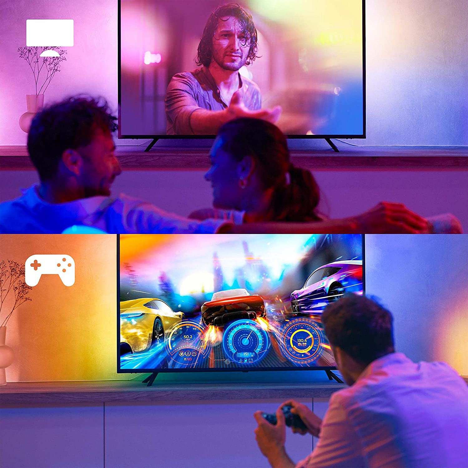 İnsanlar iki TV izliyor. Biri bir film, diğeri canlı renklerle bir yarış oyunu gösteriyor.