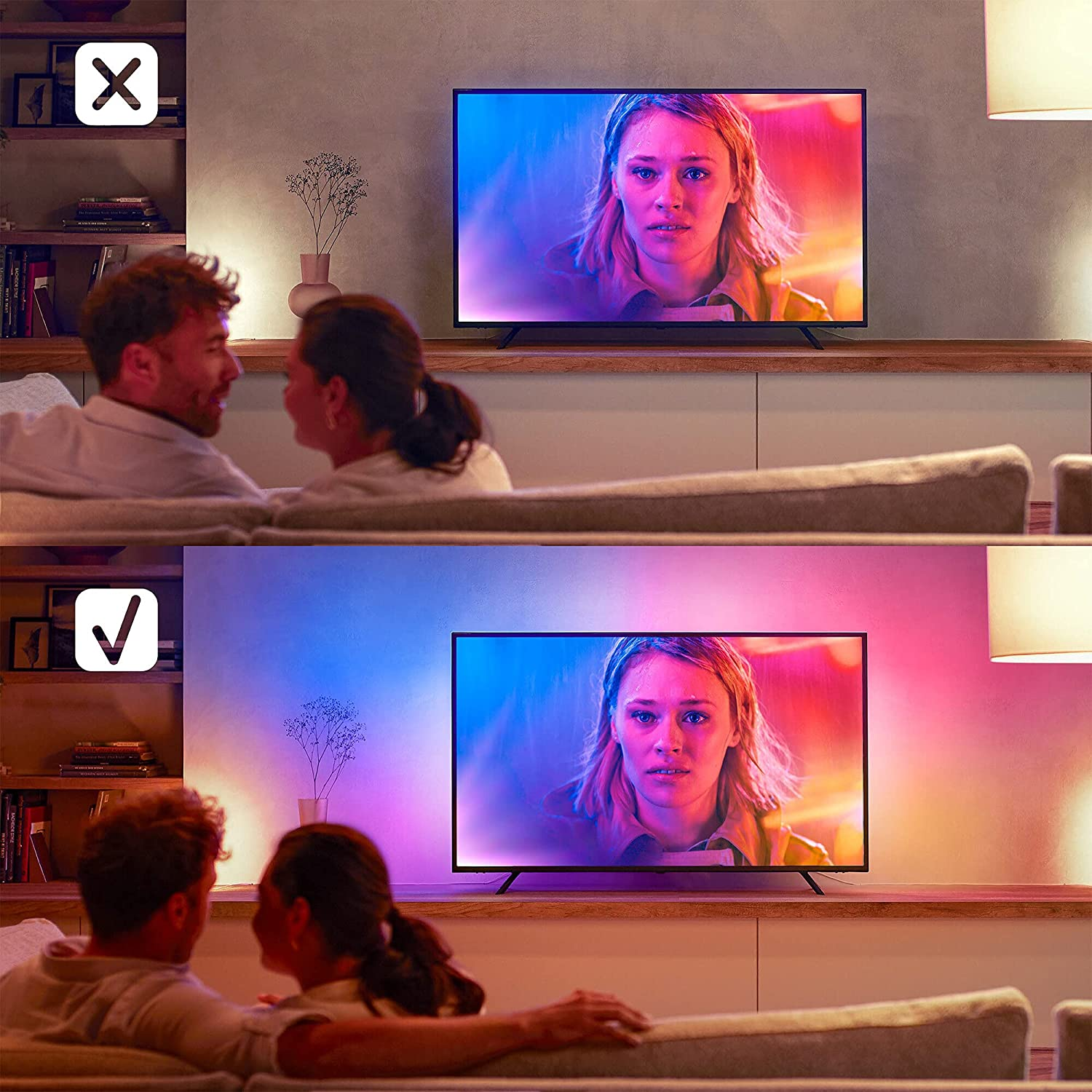 Ekranda bir kadını gösteren TV. İki sahne: biri kötü, diğeri iyi aydınlatma ile.