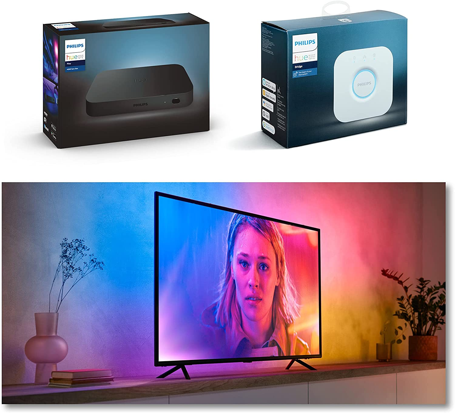 Akıllı ev cihazlarından ortam aydınlatması gösteren kutular ve TV.