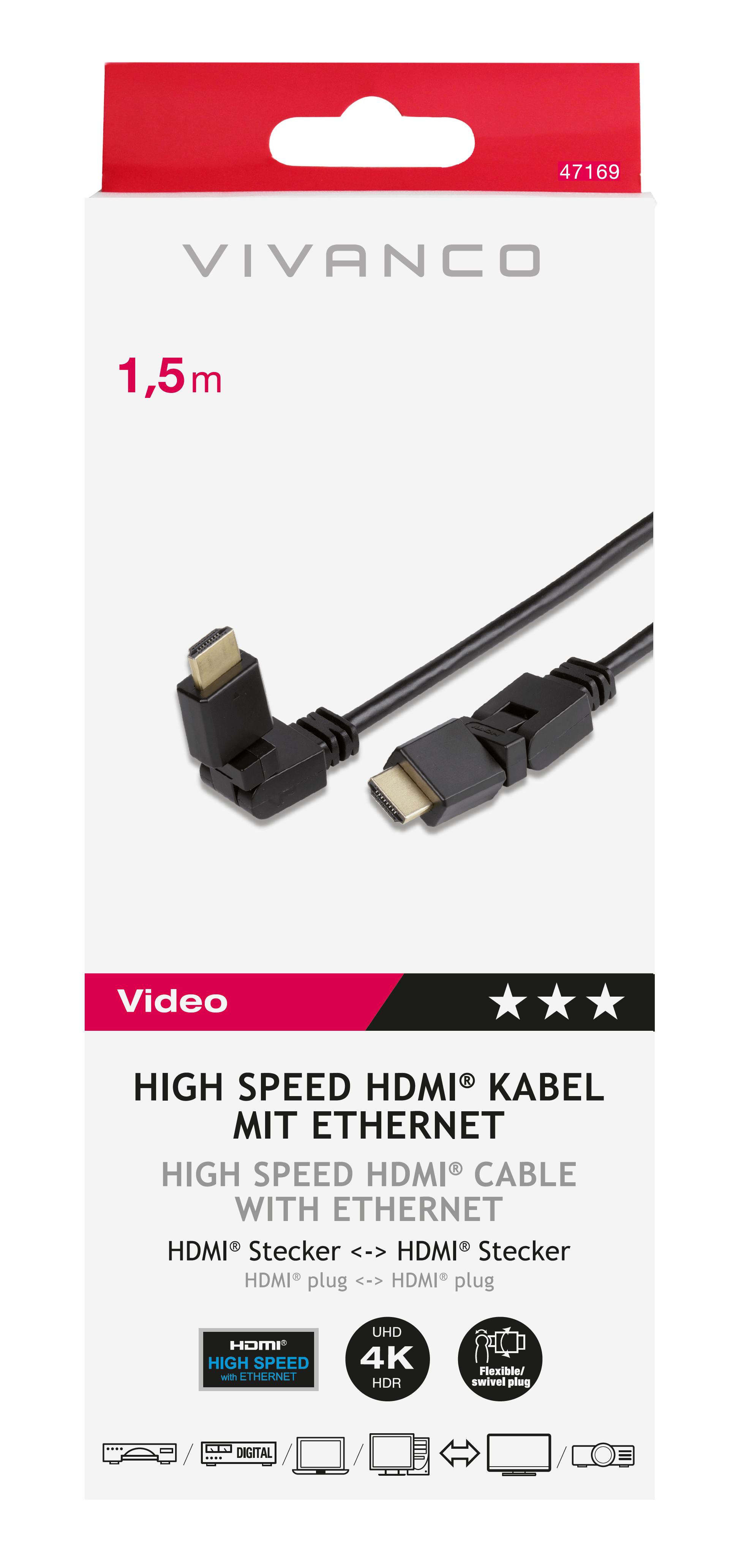 Vivanco HDMI-Kabelverpackung mit einem schwarzen Kabel. Text weist auf Highspeed mit Ethernet hin.