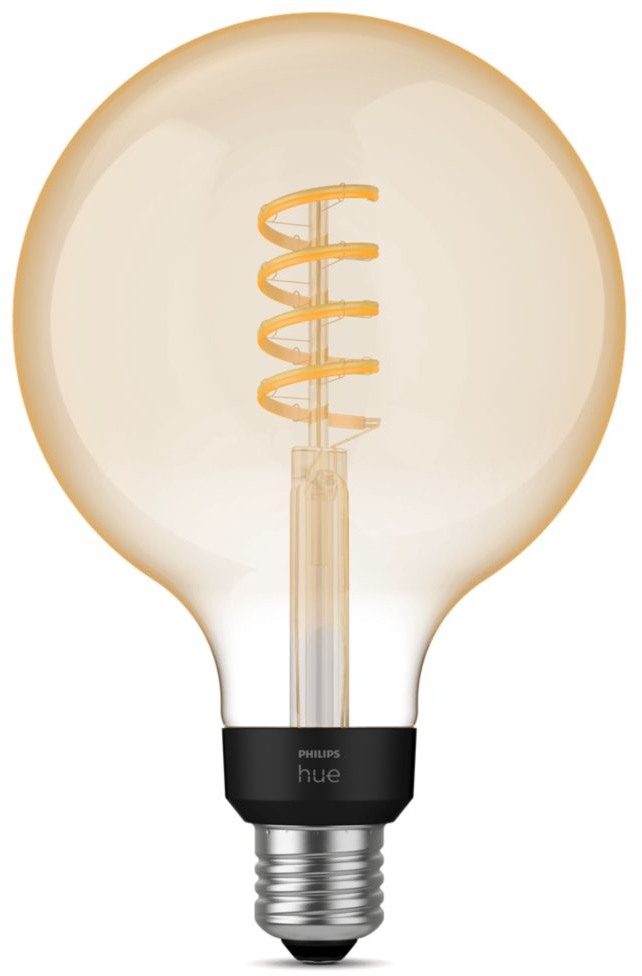 A large light bulb with an orange filament and a black base, on a white background.
