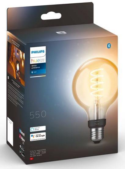 Ampoule intelligente Philips Hue dans une boîte, avec une grande ampoule brillante visible.