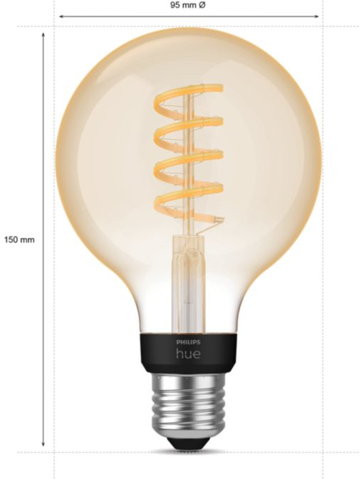 Une grande ampoule ronde avec un filament en spirale doré, avec des dimensions indiquées. L'ampoule est de couleur ambre.