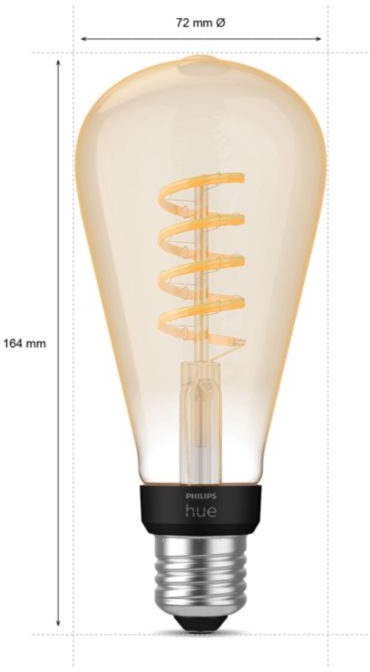 A large, teardrop-shaped lightbulb with a spiral filament and a black base, with dimensions.