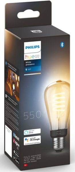 Doos voor een Philips Hue gloeilamp. De lamp is amberkleurig, met spiraalvormig filament.