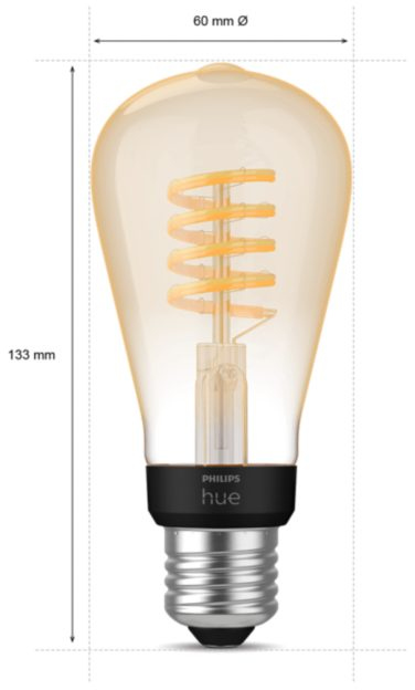 Een Philips Hue gloeilamp. Het is een peervormige lamp met een spiraalvormige gloeidraad en een zwarte voet.