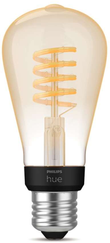 Een lamp in Edison-stijl met een spiraalvormige gloeidraad en een zwarte voet met Philips Hue.