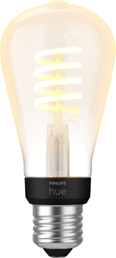Philips Hue gloeilamp, spiraalvormig filament, zwarte voet, geel licht, witte achtergrond.