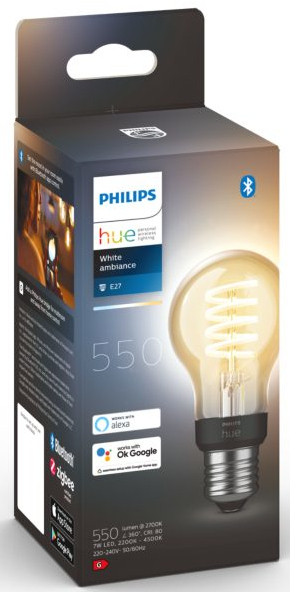 A Philips Hue light bulb in a box. The box is black and white. Text: White ambiance, 550 lumens.