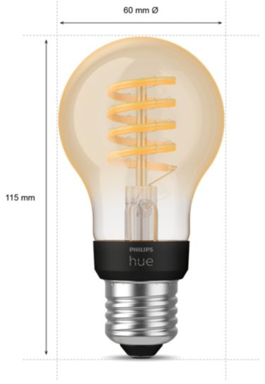 Philips Hue smart bulb, clear glass with orange spiral and black base, dimensions shown.